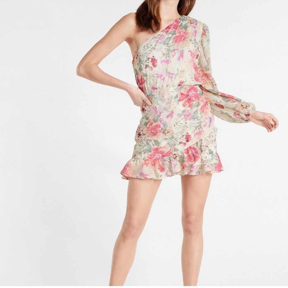 Express Blue Metallic Floral One Shoulder Pleated Faux Wrap Front Romper Size L